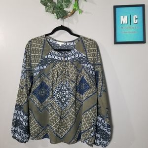 Lucky Brand Green Boho Peasant Sheer Blouse Top